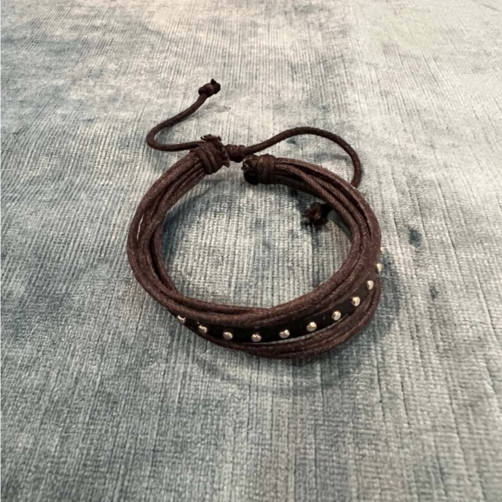Black leather bracelet with small studs - adjustable